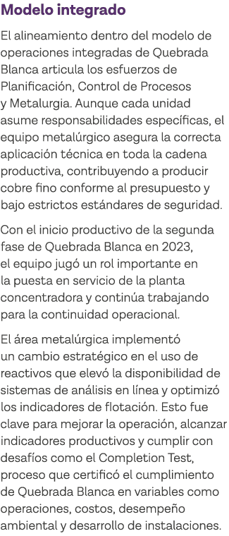 Modelo integrado El alineamiento dentro del modelo de operaciones integradas de Quebrada Blanca articula los esfuerzo   
