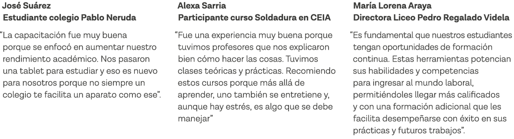 José Suárez Estudiante colegio Pablo Neruda  La capacitación fue muy buena porque se enfocó en aumentar nuestro rendi   