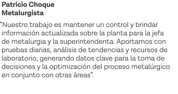 Patricio Choque Metalurgista  Nuestro trabajo es mantener un control y brindar información actualizada sobre la plant   